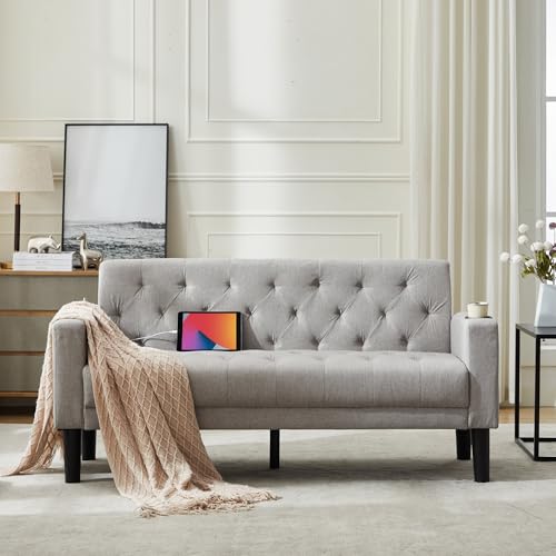 TYBOATLE 62" W Loveseat Sofa w/ 2 USB Charger Ports and 2 Cupholders, Mid-Century Modern Tufted Linen Fabric Small Love Seat Couches for Compact Living Room, Bedroom, Apartment, Dorm (Light Grey) TYBOATLE
