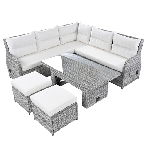 YOPTO 8-Piece Outdoor Furniture Couch Set,Rattan Patio Conversation Sectional Sofa Set with Adjustable Table,Recliners W/Extendable Side Tables & 2 Movable Ottomans,for Patio,Lawn,Backyard,Pool,Beige YOPTO
