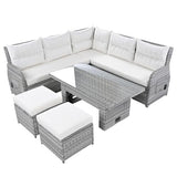 YOPTO 8-Piece Outdoor Furniture Couch Set,Rattan Patio Conversation Sectional Sofa Set with Adjustable Table,Recliners W/Extendable Side Tables & 2 Movable Ottomans,for Patio,Lawn,Backyard,Pool,Beige YOPTO