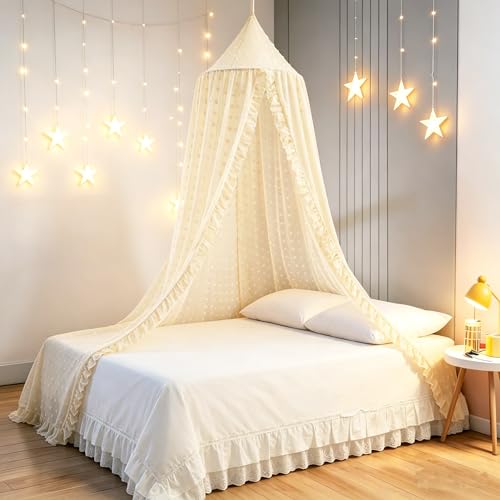 Mengesi Bed Canopy with Pom Pom- Lace Chiffon Canopy Bed Curtains, Ruffles Princess Reading Nook Play Tent for Girls Room (Ivory)