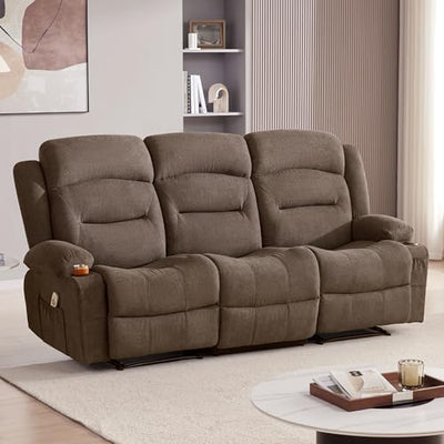 Reedvales Oversized Recliner Sofa with Heat and Massage, Big Large 3-Seater RV Recliner Couch Sofa for Living Room, Wall-Hugger Reclining Sofa with Cup Holders and USB Port (Fabric, Brown)