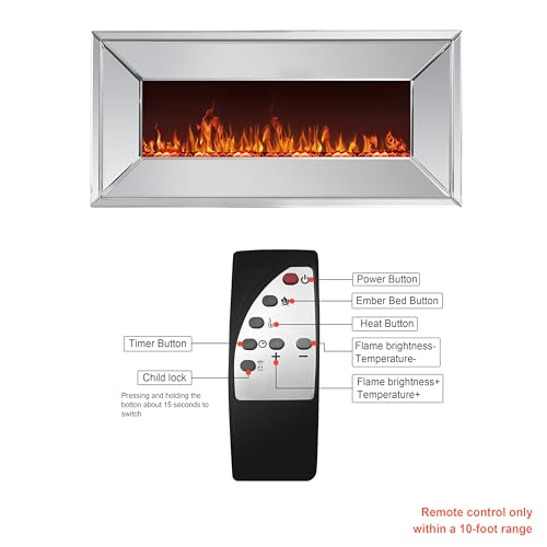blingworld 36" Silver Mirrored Electric Fireplace, Modern Wall Mounted Electric Fireplace with Crushed Diamond Inlay, Freestanding Heater with Remote Control, 400 sq ft Heating Coverage blingworld