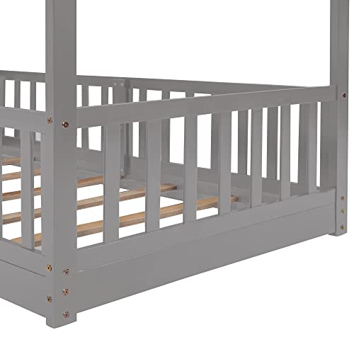 Bellemave Twin Over Twin Floor Bunk Bed with Slide and Ladder, Low Bunk Bed for Kids, Girls, Boys, Removable Fence, Gray Bellemave