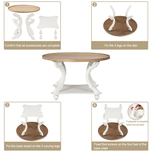 Wnutrees Farmhouse Round Coffee Table,Wood Tray Top Circle Coffee Table with Storage Shelf Rustic Style for Living Room and Vintage Finish,White Wnutrees