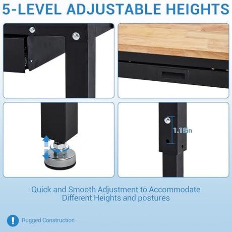 60 Inch Adjustable Work Table, 3000 Lbs Capacity Rubber Wood Tabletop Workbench, Heavy Duty Work Bench Table with 2 Drawers & Pegboard for Garage Woodworking Shop, with Power Outlet & Pegboard EliteEdge