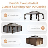 Domi 14x22FT Hardtop Gazebo with Netting & Curtains, Outdoor Aluminum Frame Gazebo with Galvanized Steel Double Roof, Outdoor Permanent Metal Pavilion for Patio Deck Lawn and Garden, Dark Brown domi outdoor living