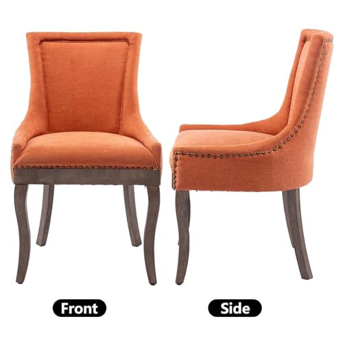 Aoowow Fabric Farmhouse Upholstered Side Chairs Set of 2, Vintage Solid Wood Kitchen Dining Room Chairs with Nailheads Solid Wood Legs (Orange) Aoowow