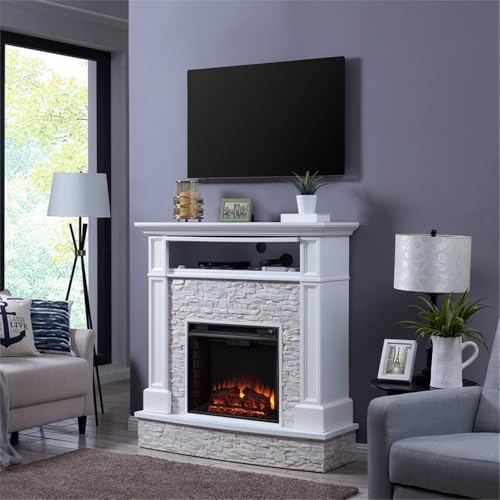 Bowery Hill Faux Stone Electric Fireplace TV Stand in White Finish BOWERY HILL