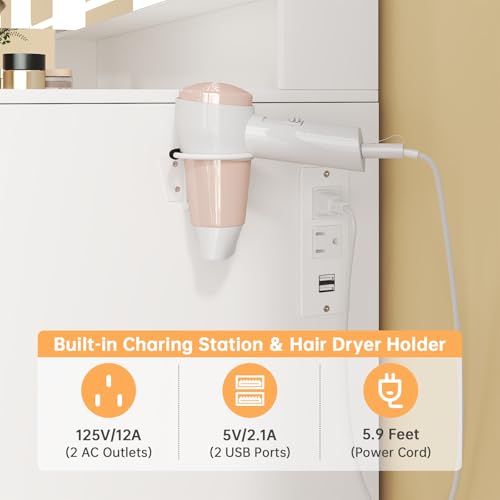 Airynee Vanity Desk with Mirror, 9 Drawers Makeup Vanity Tables with Power Outlet, Tri-Folding & 3 Colors Adjustable LED Lighted Mirror, Vanities Desk Set for Bedroom, Dressing Room, White Airynee