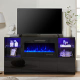 AMERLIFE Modern High Gloss 68" Fireplace TV Stand, Media Entertainment Center with Fireplace & LED Lights for TVs up to 78", TV Console Cabinet with Adjustable Glass Shelves for Living Room, Black AMERLIFE