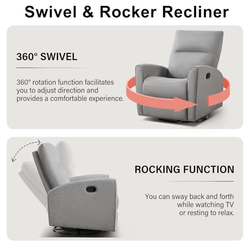 CANMOV Recliner Rocker Swivel Chair, Manual Chenille Glider Rocking Chair, Swivel Glider Recliners with Soft Backrest, 360° Swivel Nursery Reclining Sofa for Living Room Bedroom, Light Grey