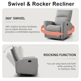CANMOV Recliner Rocker Swivel Chair, Manual Chenille Glider Rocking Chair, Swivel Glider Recliners with Soft Backrest, 360° Swivel Nursery Reclining Sofa for Living Room Bedroom, Light Grey