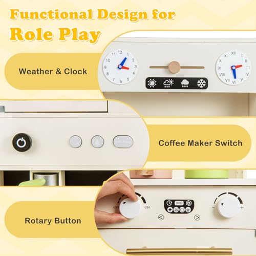 INFANS Kids Kitchen Playset, Cooking Toy Kitchen Set with Coffee Machine Stove Removable Sink Microwave Storage Cabinet, Simulation Wooden Play Kitchen for Toddler Boys Girls (Cream White) INFANS