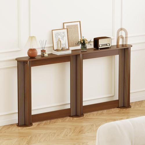 71 Inch Narrow Console Table Behind Couch, Mid-Century Modern Fluted Skinny Entryway Table, Long Slim Sofa Table for Hallway, Living Room, Wood, Brown, Walnut Xyulmeo