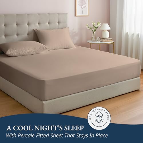 LANE LINEN King Fitted Sheet, 100% Organic Cotton, 3-Piece Set (1 Fitted Sheet,2 Pillowcases), Percale Weave, Ultra Soft, Breathable,Fits Mattress Upto 15" Deep - Taupe (No Flat Sheet) LANE LINEN