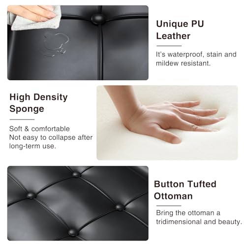 FiveWillowise Square Leather Ottoman with Storage, Faux Leather Coffee Table Ottoman with Lift Top, Large Upholstered Footrest Stool Toy Box Storage for Bedroom Living Room, Black FiveWillowise