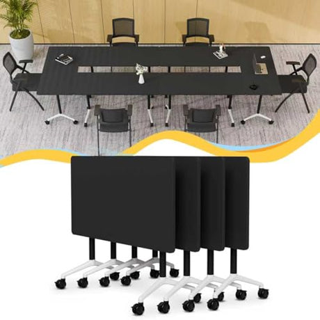 Conference Room Table, Mobile Folding Conference Table on Wheels, Modern Flip Top Stackable Training Tables, Heavy-Duty Modular Meeting Tables for Office Boardroom Classroom (4, Black-A, 55.1in) Lrxmastery