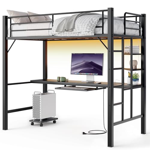 Gizoon Twin Loft Bed with Desk, Metal Loft Bed Frame with LED Lights & Charging Station, Storage Shelf, Pull-Out Keyboard, Ladder and Safety Guardrail, Space-Saving, No Box Spring Needed, Black Gizoon