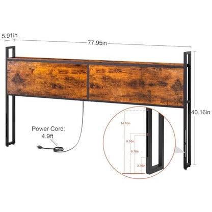 LOAKEKEL King Headboard, King Size Headboard Only with Outlets and USB Ports, Adjustable Height, Wood Platform Bed Headboard with Storage Rack,Rustic Brown HB091BR - WoodArtSupply