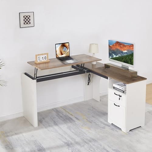 LayBurst 55" Farmhouse L-Shaped Desk with Lift Top,Movable Monitor Stand,L Shaped Standing Office Desk with Lockable Drawer & Adjustable File Drawer,Lift Top Computer Desk with Power Outlets LayBurst