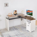 LayBurst 55" Farmhouse L-Shaped Desk with Lift Top,Movable Monitor Stand,L Shaped Standing Office Desk with Lockable Drawer & Adjustable File Drawer,Lift Top Computer Desk with Power Outlets LayBurst