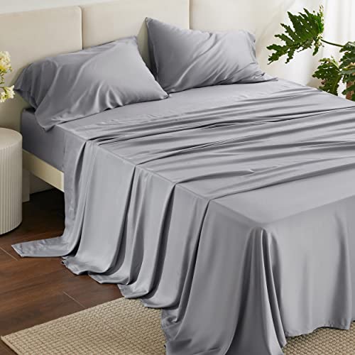 Bedsure Queen Sheet Set, Rayon Derived from Bamboo, Cooling Sheets, Deep Pocket Up to 16", PureWoven, Breathable & Soft, Hotel Luxury Silky Bedding for Hot Sleepers, Silver Grey Bedsure