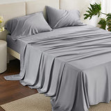 Bedsure Queen Sheet Set, Rayon Derived from Bamboo, Cooling Sheets, Deep Pocket Up to 16", PureWoven, Breathable & Soft, Hotel Luxury Silky Bedding for Hot Sleepers, Silver Grey Bedsure