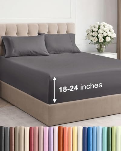 Extra Deep Pocket Queen Sheet Set - 4 Piece Breathable & Cooling Bed Sheets - Hotel Luxury Sheet Set - Soft, Wrinkle Free and Comfy - Easily Fits Extra Deep Mattresses - Deep Pocket Dark Grey Sheets CGK Unlimited