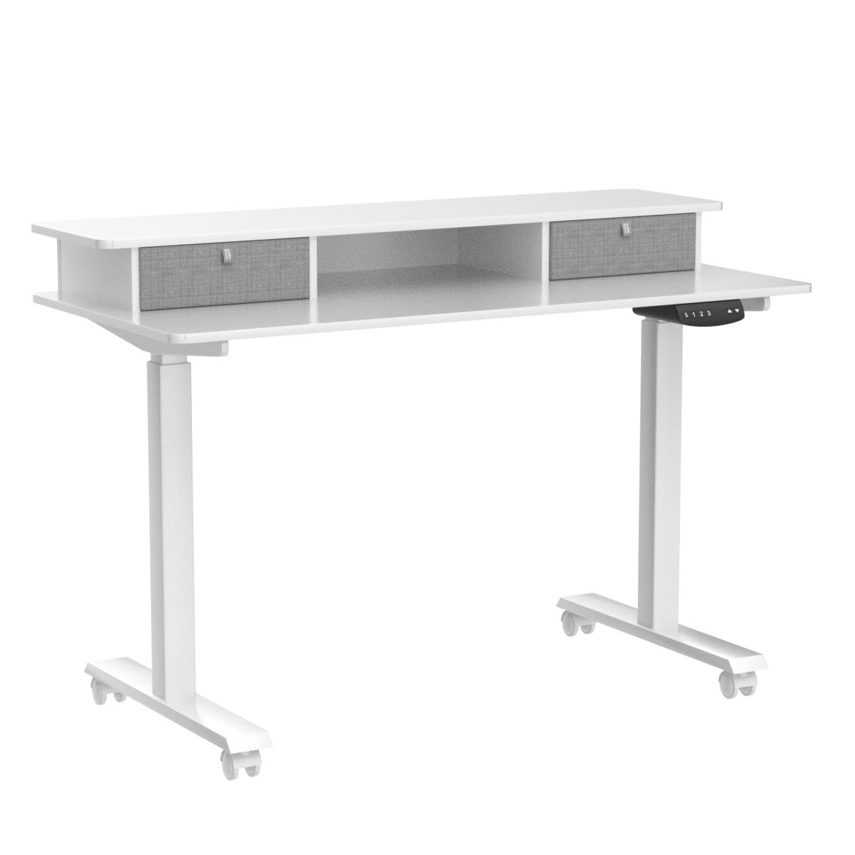 BANTI 48x24 Inch Electric Standing Desk with Double Drawers, Adjustable Height Stand Up Desk, Sit Stand Home Office Desk with Storage Shelf, White Top - WoodArtSupply