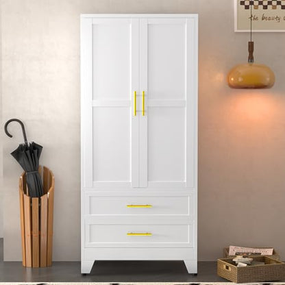 Metal Wardrobe Closet with 2 Doors & 2 Drawers, 71" Tall Armoire Wardrobe Closet with Hanging Rods and Adjustable Shelf, Steel Wardrobe Storage Cabinet for Bedroom-White - WoodArtSupply