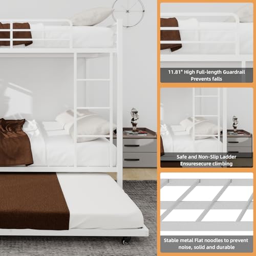 Bellemave Metal Bunk Bed with Trundle, Full Over Full Bunk Twin Trundle and Guardrail and Ladder for Kids/Teenagers, Adults, White Bellemave