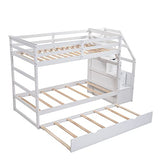 Merax Twin Over Twin Bunk Bed with Trundle, Solid Wood Stairway Bunk Bed Frame with 3 Storage Cabinet Staircase, No Spring Box Required, White Merax