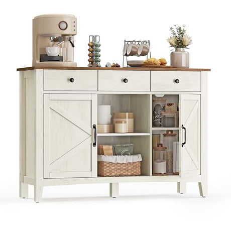 VASAGLE LIRY Collection - Buffet Cabinet, Coffee Bar Cabinet with 3 Drawers, Adjustable Shelves, Sideboard Storage with Cable Holes, Drawer Dividers, Rustic White and Honey Brown UBBK371W01V1 VASAGLE