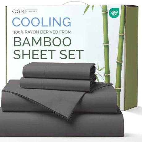 100% Rayon Derived From Bamboo - Bamboo Sheets Full Size - Cooling Sheets for Full - Soft, Breathable & Hotel Luxury Bedding - 1 Flat & 1 Fitted & 2 Pillowcases with 16 Inch Deep Pockets - Dark Grey CGK Unlimited
