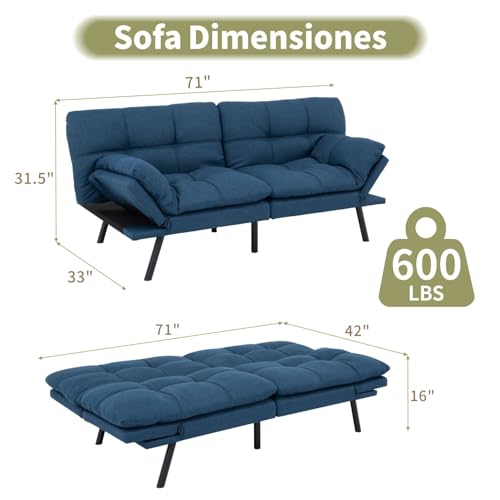 Vipbear 71" Futon Sofa Bed - Convertible Sofa Beds/Adjustable Backrest & Armrest, Comfy Loveseat Sleeper for Small Spaces, Apartments & Offices,Linen Fabric Blue Futons Vipbear
