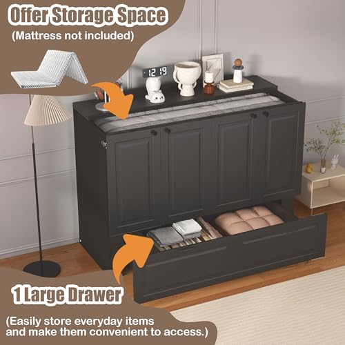 Swyanste Full Size Murphy Bed Cabinet: Black Horizontal Murphy Beds with Storage, Hidden Cabinet Bed Full for Small Spaces, 2 in 1 Murphy's Beds with Charging Station(Black) Swyanste