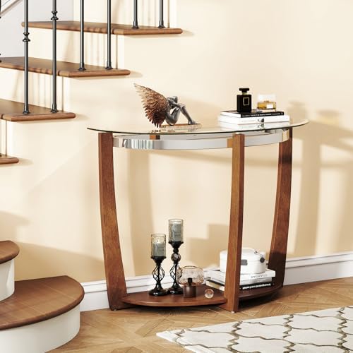 BECOMFORT Glass Console Table, Half Moon Entryway Table with Tempered Glass Top & Solid Rubberwood Legs, Modern Hallway Table, Behind Couch Sofa Table for Living Room, Entry, Porch (Walnut) BECOMFORT