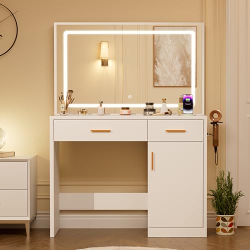 Sweetcrispy Vanity Desk with 35.4" LED Mirror and Lights, Makeup Vanity Table with Charging Station (2AC/USB/C), 2 Drawers & Large Cabinet, 3 Lighting Color Adjustable, Modern Dressing Table, White Sweetcrispy