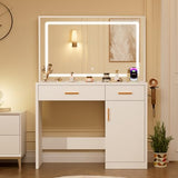 Sweetcrispy Vanity Desk with 35.4" LED Mirror and Lights, Makeup Vanity Table with Charging Station (2AC/USB/C), 2 Drawers & Large Cabinet, 3 Lighting Color Adjustable, Modern Dressing Table, White Sweetcrispy