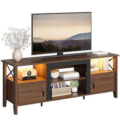 Bestier Farmhouse TV Stand for 70 inch TV, Gaming Entertainment Center with LED Lights, TV Console with 2 Storage Cabinets and Shelf for Living Room, 63'' Inch, Ancona Walnut