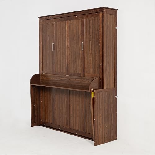 SOFTSEA Queen Size Murphy Bed with Desk, Wood Wall Bed with Gas Struts, Space Saving Foldable Murphy Bed for Small Spaces, Guest Room, Home Office (Walnut) SOFTSEA