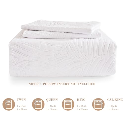 Exclusivo Mezcla King Size Quilt Bedding Set, Lightweight White Quilts King Size for All Seasons, Soft Microfiber Bedspreads Coverlets Bed Cover with Leaf Pattern, 3 Piece Exclusivo Mezcla