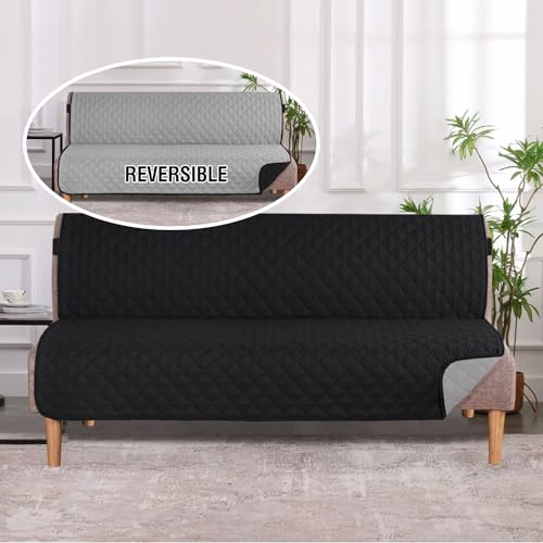 H.VERSAILTEX Reversible Futon Cover Water Repellent Armless Sofa Slipcover Washable Furniture Protector with Adjustable Elastic Strap Anti-Slip Futon Bed Cover for Dogs 70" Width Seat(Black/Grey) H.VERSAILTEX