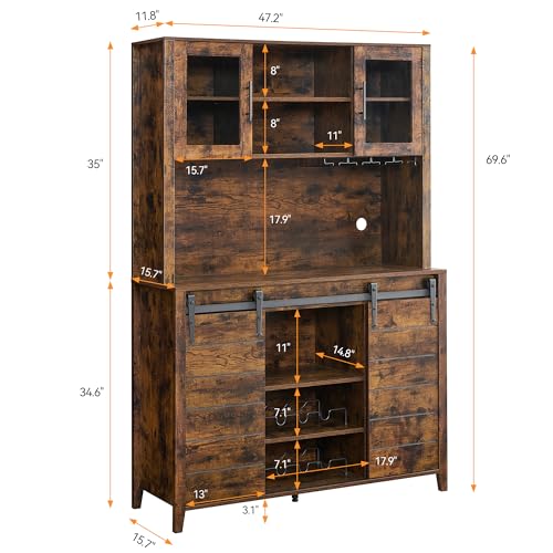 IDEALHOUSE Farmhouse Coffee Bar Cabinet with Sliding Barn Doors, 70'' Kitchen Hutch Cabinet with Storage, Wine&Glasses Rack, Tall Sideboard Buffet Cabinet for Kitchen, Dining Room, Brown - WoodArtSupply