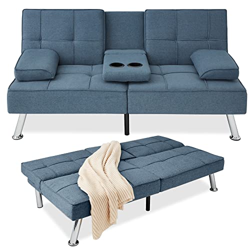 Best Choice Products Linen Modern Folding Futon, Reclining Sofa Bed for Apartment, Dorm w/Removable Armrests, 2 Cupholders - Blue Best Choice Products