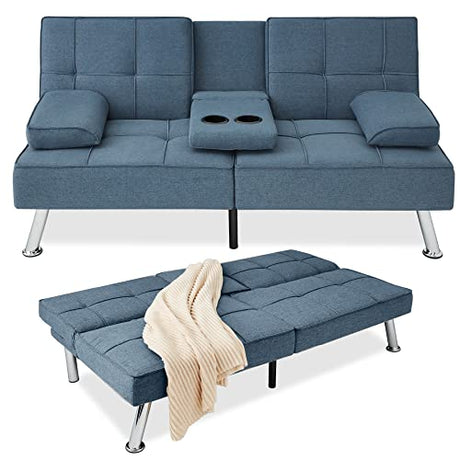 Best Choice Products Linen Modern Folding Futon, Reclining Sofa Bed for Apartment, Dorm w/Removable Armrests, 2 Cupholders - Blue Best Choice Products