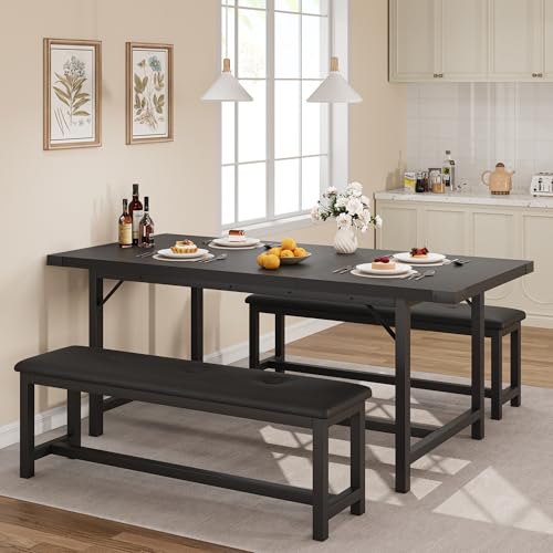 CABIHOME 3-Piece Dining Table Set for 4-6 People, 63" Large Extendable Kitchen Table Set with 2 Soft Benches, Easy Assembly, Space Saving for Small Space, Apartment, Black CABIHOME