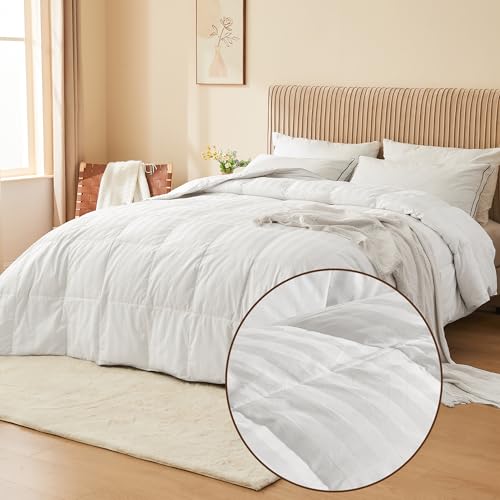 puredown® Goose Feather Down Comforter King Size - All Season Duvet Insert Ultra Fluffy Soft 100% Cotton Shell Cover, Luxurious Hotel Collection Comforters 500 Thread with Ties(Stripe White, 106x90'') puredown