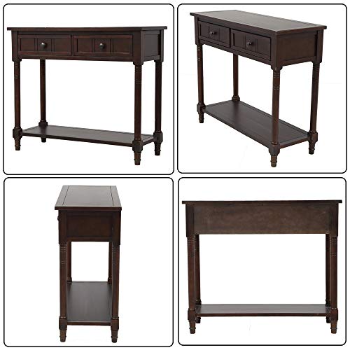 P PURLOVE Sofa Table Antique Style Wooden Console Table with 2 Drawers and Bottom Shelf (Dark Espresso) P PURLOVE