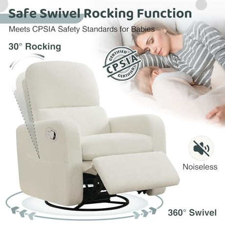 AEMEIOS Swivel Rocker Recliner, Oversized Boucle Glider Recliner Nursery, Manual Swivel Rocking Reclining Chairs with Removable Cushion and Lumbar Support for Nursery Living Room Bedroom, Teddy White AEMEIOS